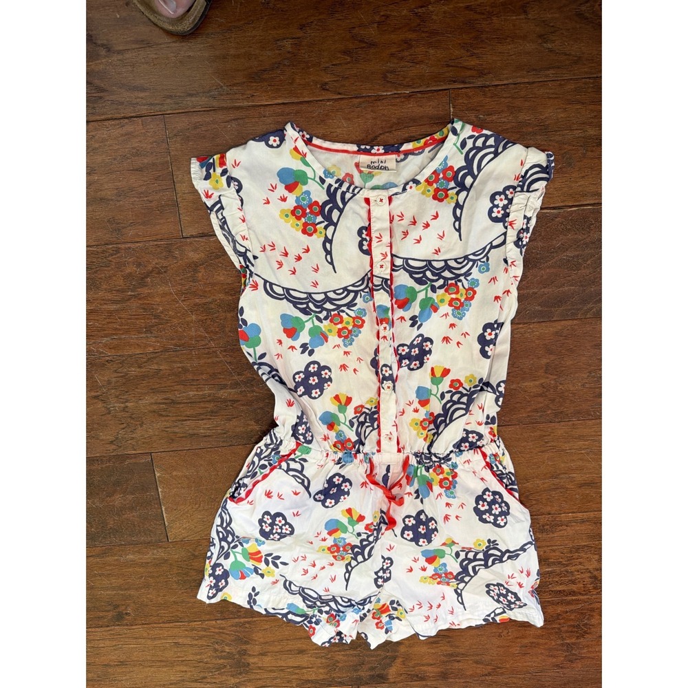 Mini Boden Girls Floral Cotton Romper White Multicolor Flutter Sleeve 9-10Y